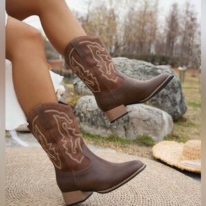 SHEIN Brown Western Lace-Up Embroidered Mid-Calf Boots